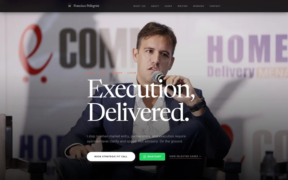 Screenshot of the Francisco Pellegrini homepage: 'Execution, Delivered.'
