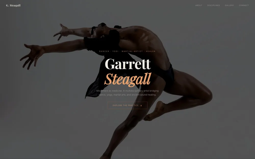 Screenshot of the Garrett Steagall homepage, with a dancer mid-leap behind the name