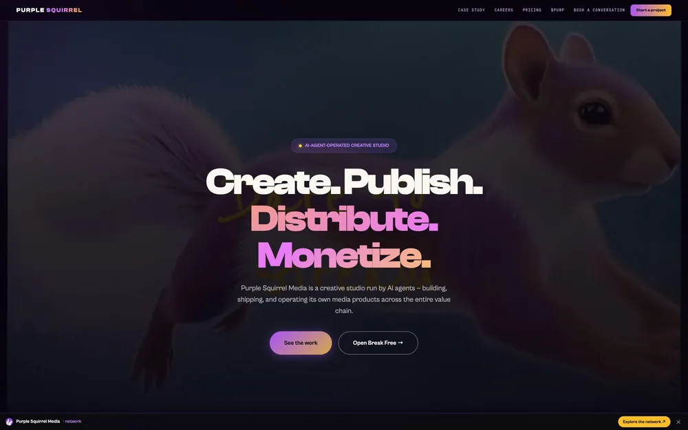 Screenshot of the Purple Squirrel Media homepage: 'Create. Publish. Distribute. Monetize.'