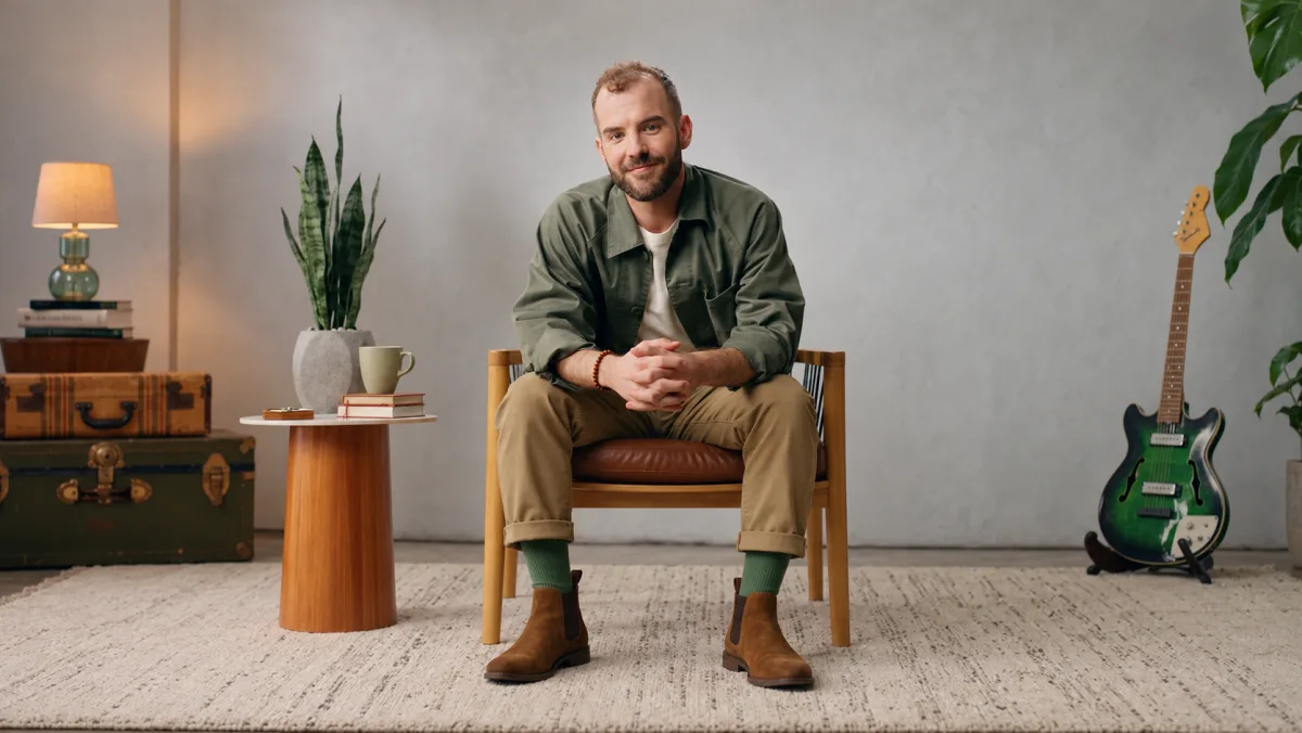 Matthew Karsten seated in the studio, full-length, hands folded.