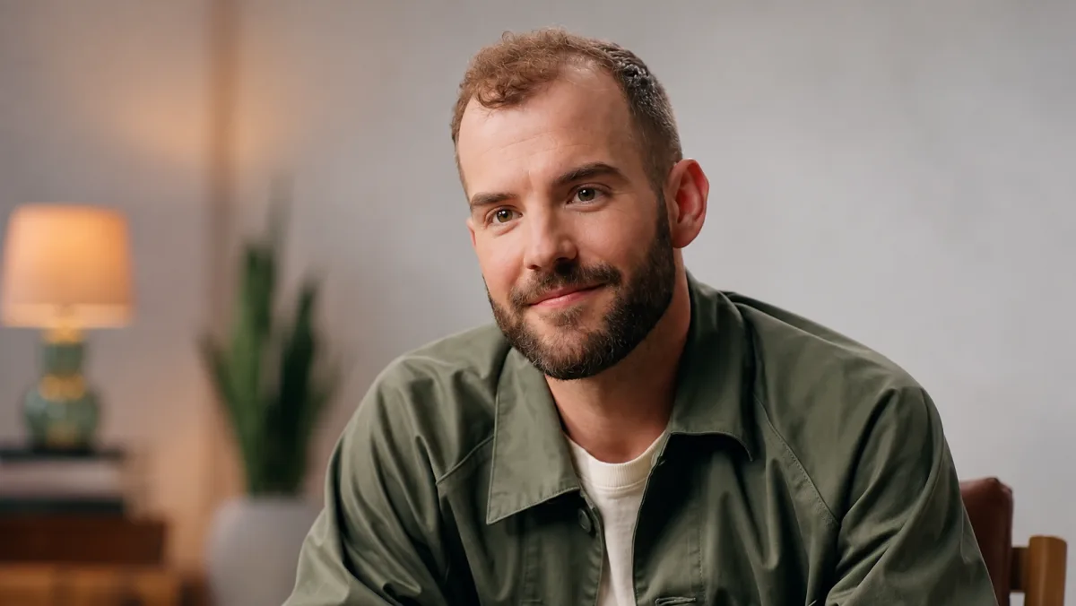 Matthew Karsten in an olive jacket, smiling, in the warm studio light.