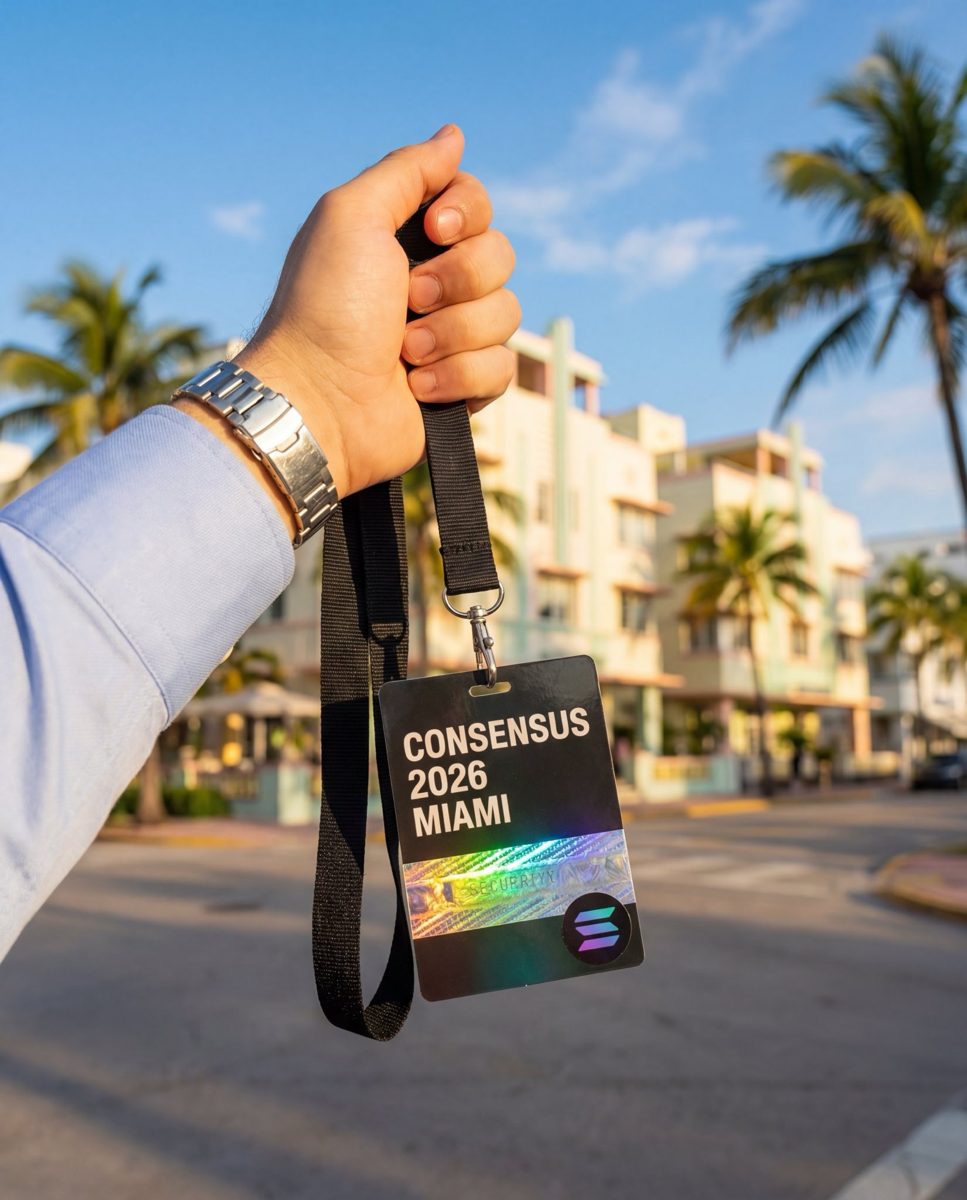 Consensus 2026 badge with Solana lanyard, Miami